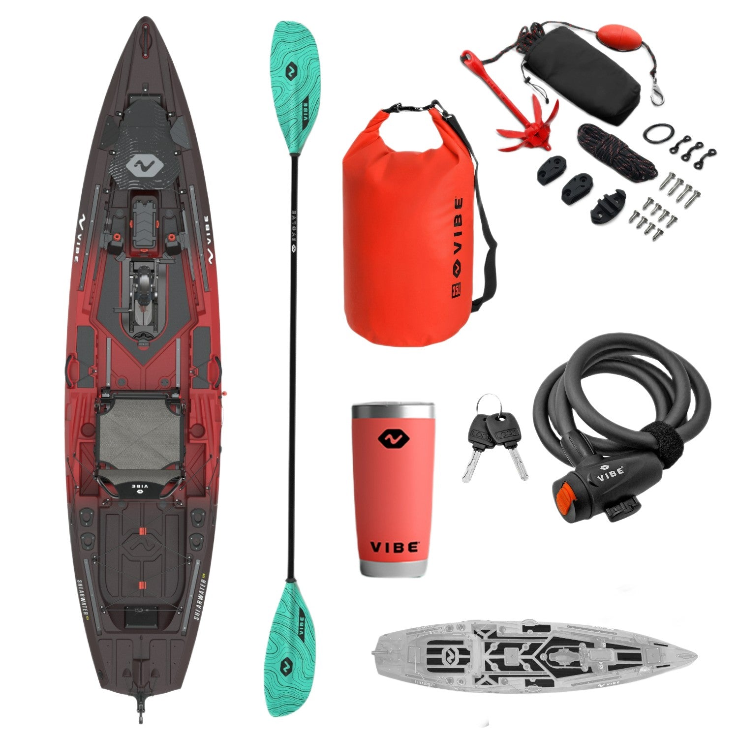 Shearwater 125 + Impulse Pedal Kit + Premium Deck Padding + 35L Dry Bag + Evolve adjustable Paddle + 30oz Tumbler + Cable Lock + Anchor Trolley Kit