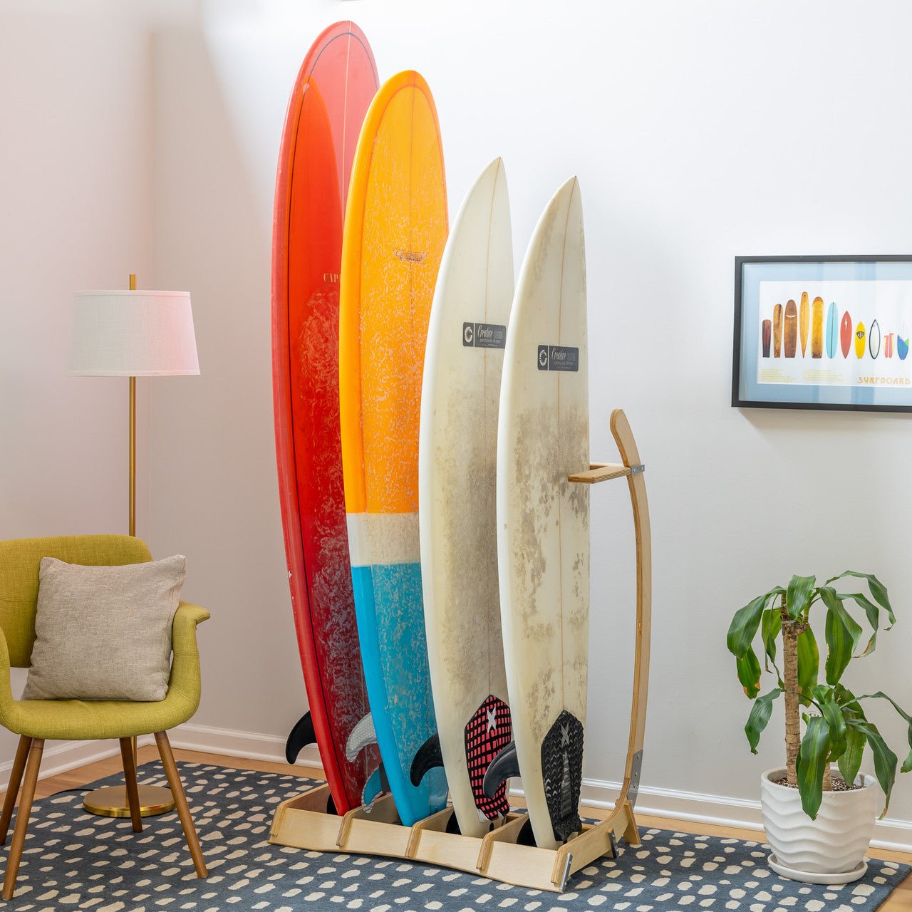 4 Surfboard Floor Rack | Wood Surf Stand - Vibe Kayaks