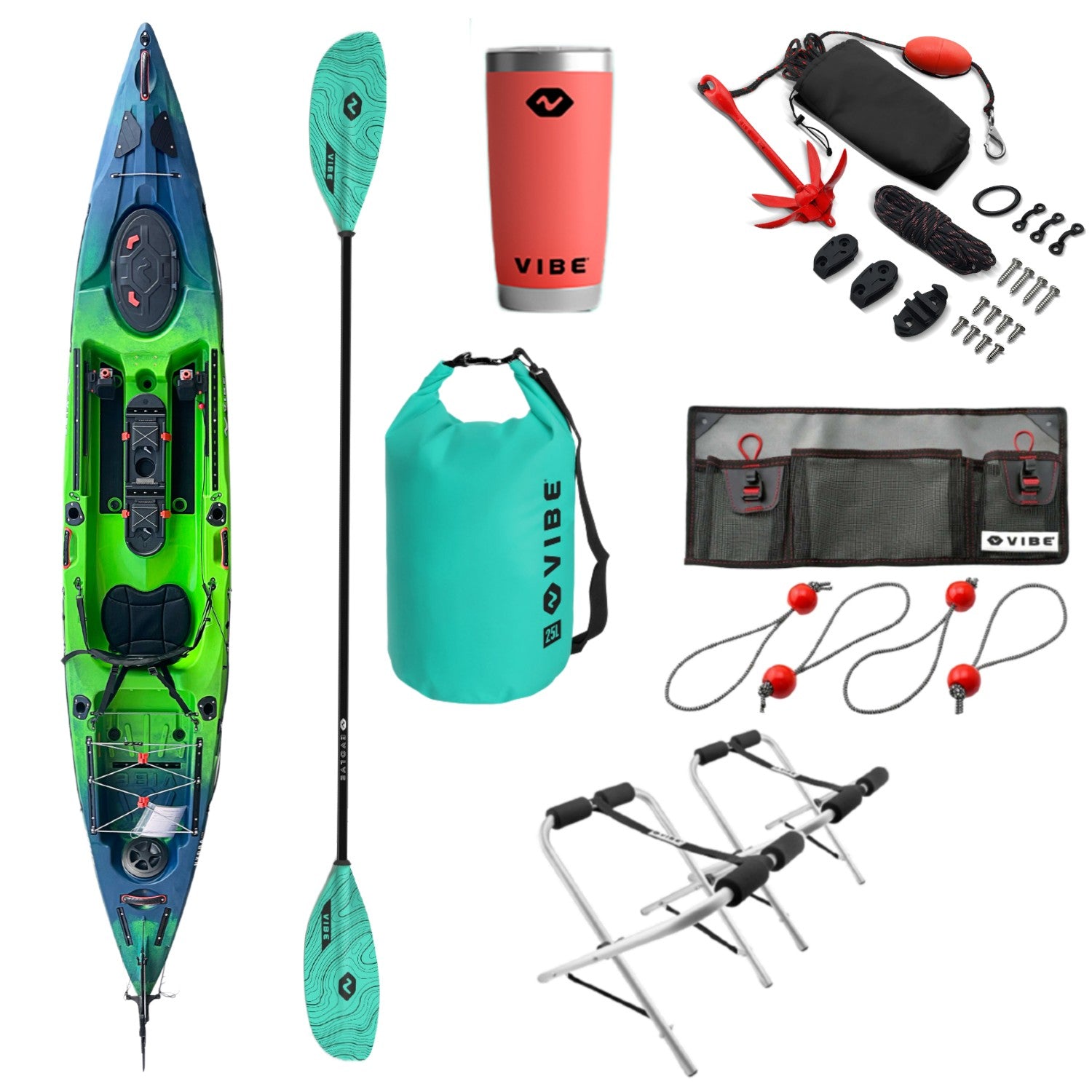 Hydra 130 + Evolve adjustable Paddle + Kayak Stand + 30oz Tumbler + 25L Dry Bag + Anchor Trolley Kit + Mesh 3-Pocket Gear Organizer